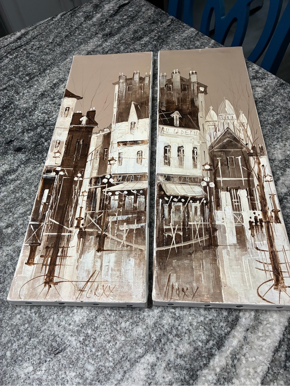 Pair of Mid century style Parisian Montmartre city scenes.
